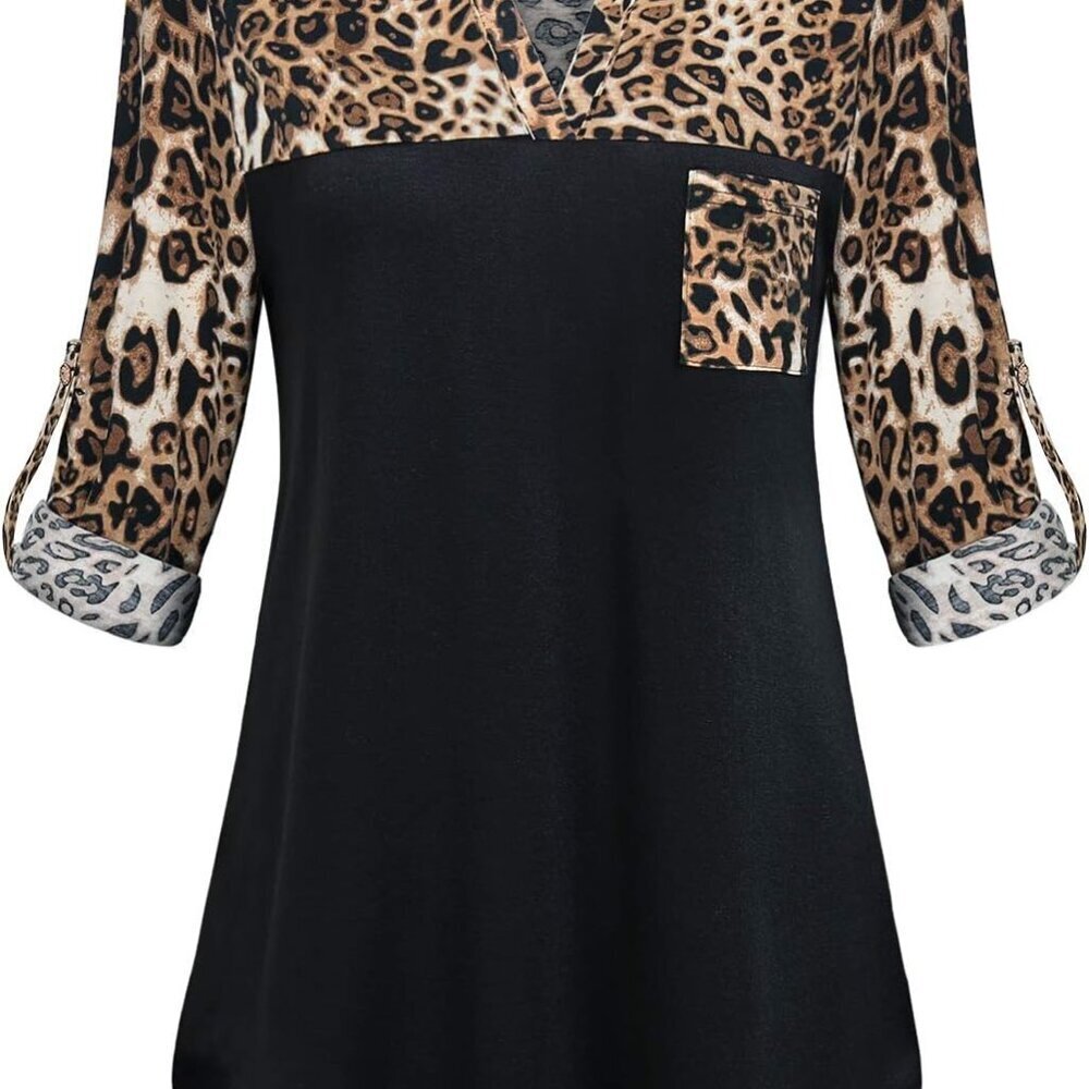 Womens Roll Up Long Sleeve V Neck Patchwork Blouse Shirt Tops